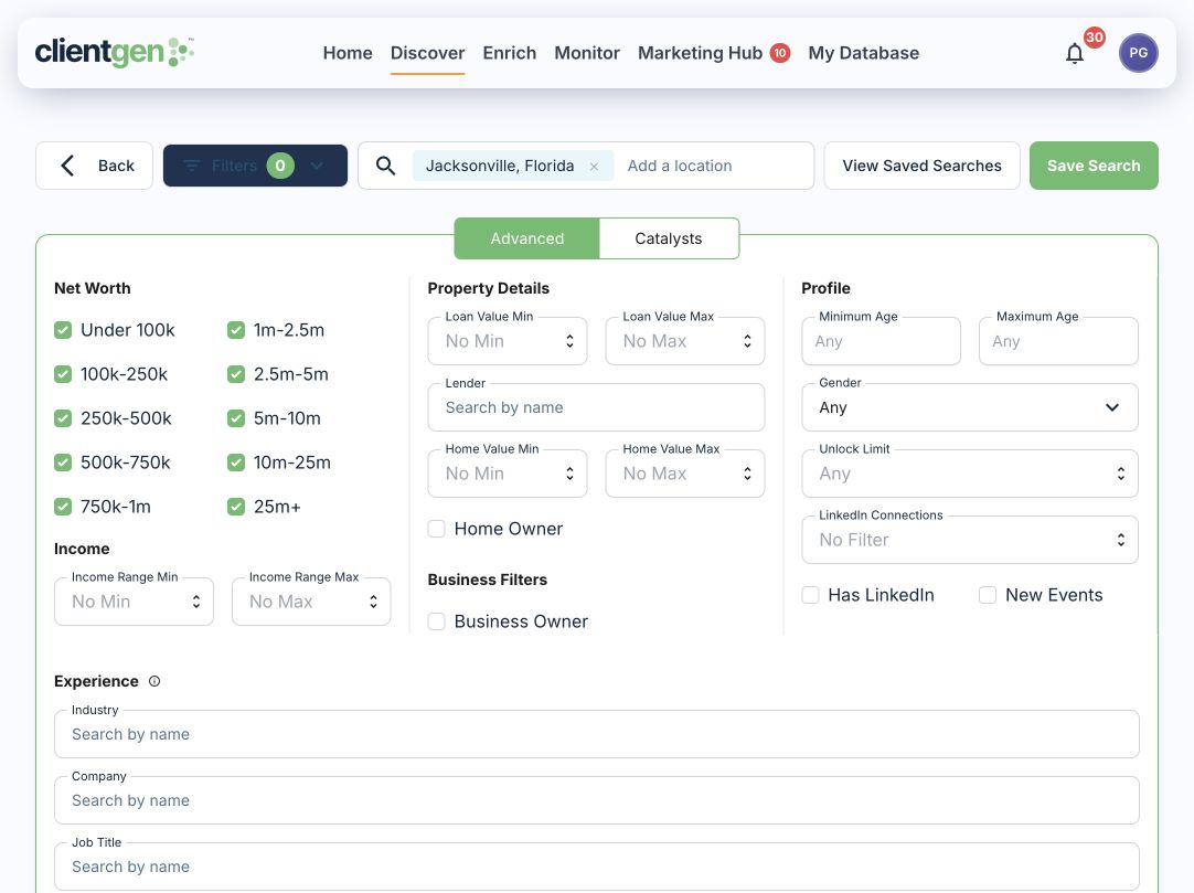 Find new prospects: actual ClientGen interface